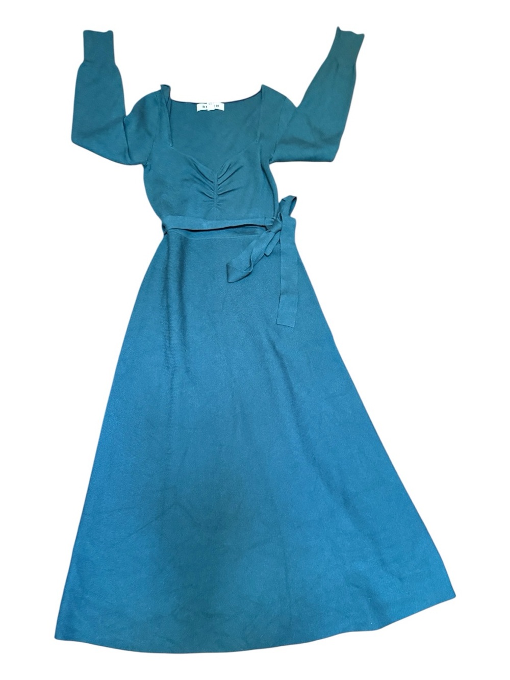 Boden Petite Teal Knit Midi Dress US 4P Long Sleeve Tie Waist - Picture 4 of 11